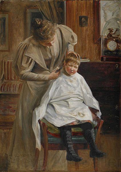 Robert Lundberg Mother cutting the hair Norge oil painting art